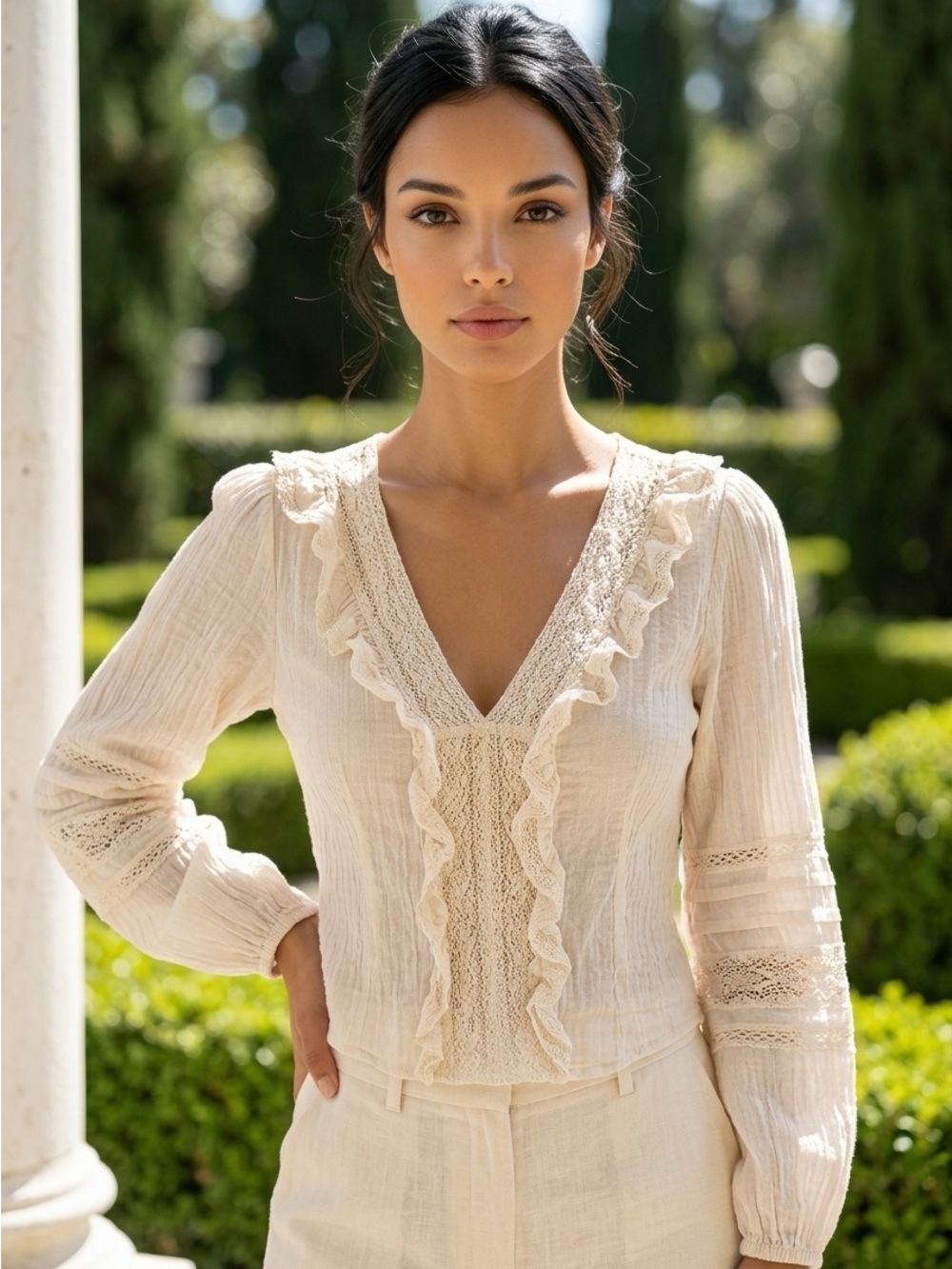 American Eagle Outfitters Cream Ruffle V-Neck Lace-Trim Blouse